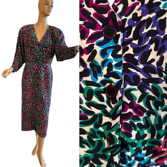 Vintage 100% Silk Long Sleeve Button Front Scribble Abstract Animal Print Dress - Picture 1 of 7